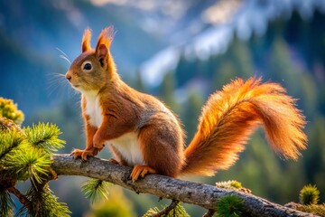 Red Squirrel perched on a tree in the French Alps