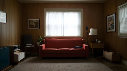 Fototapeta premium Mid Century Modern Living Room with Red Sofa and Wood Paneling