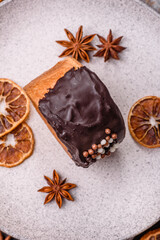 Round sweet New York roll croissant with chocolate cream filling