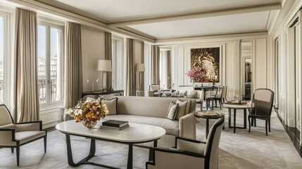 Fototapeta premium Bright and elegant living room filled with natural light. A soft-colored sofa, sleek white table, and black tapered legs create a sophisticated ambiance.