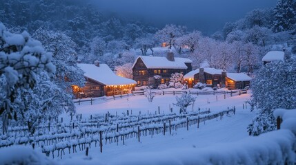Snow covered cabins glow warmly on a winter evening