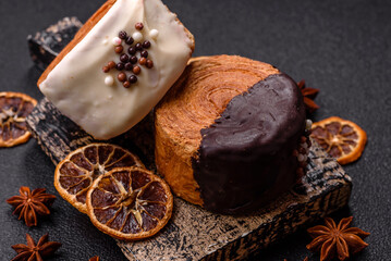 Round sweet New York roll croissant with chocolate cream filling