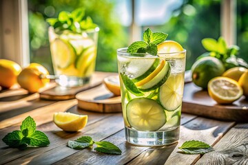Fototapeta premium Refreshing Cucumber Lemon Mint Water with Ice - Candid Summer Drink Photography