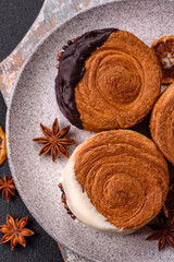 Round sweet New York roll croissant with several flavors cream filling