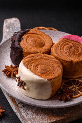 Round sweet New York roll croissant with several flavors cream filling