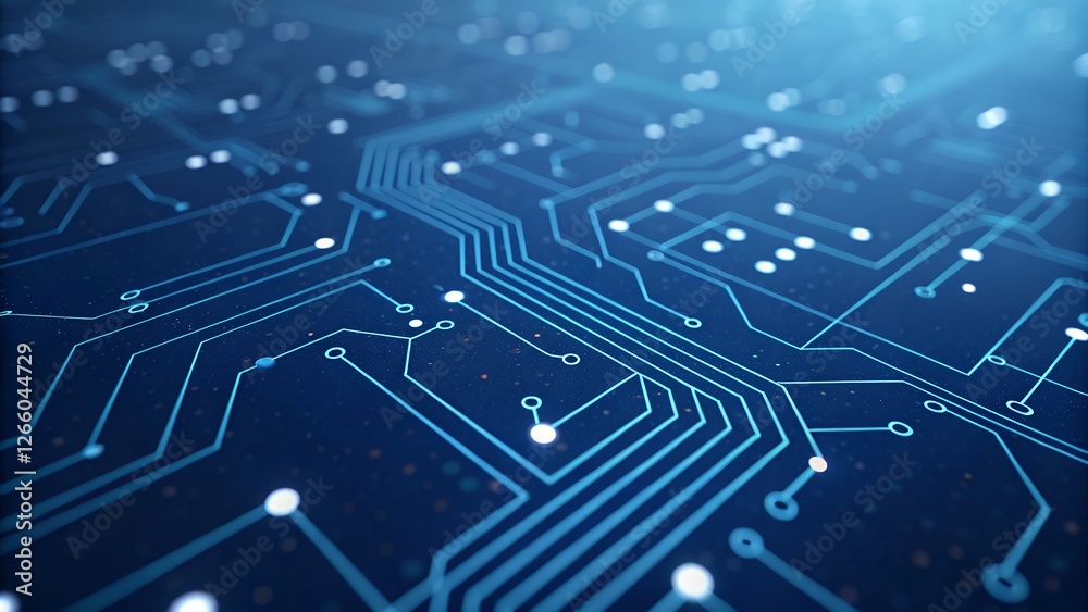 Poster Abstract Deep Blue Circuit Board: Stylized Network Design. Complex lines and nodes create a mesmerizing impressionistic tech art piece. Ideal for     