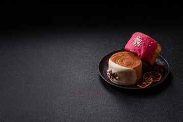 Round sweet New York roll croissant with several flavors cream filling