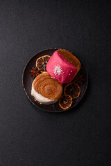 Round sweet New York roll croissant with several flavors cream filling