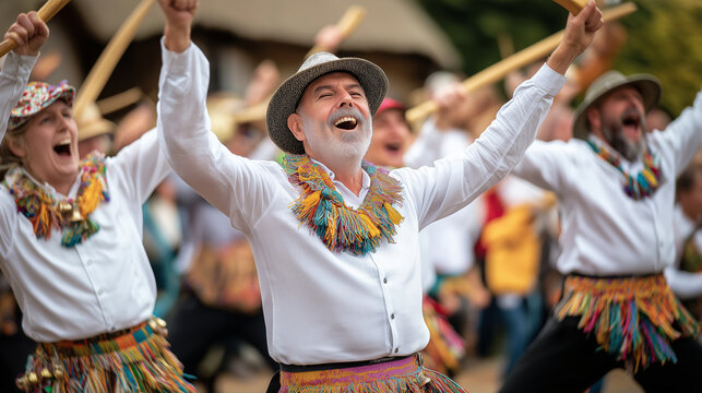 Morris dancers in white shirts and colorful belts joyfully raising arms and sticks during a traditional folk festival, celebrating English heritage and culture