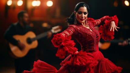 Passionate flamenco performer wearing vibrant red dress dancing intensely, accompanied by Spanish guitar musicians, expressing cultural rhythmic movement