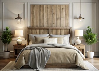 Relaxing Bedroom Interior: Aged Wooden Headboard & Soft Bedding