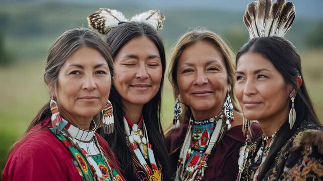 Group of beautiful attractive smiling indigenous Native American women looking at the camera.