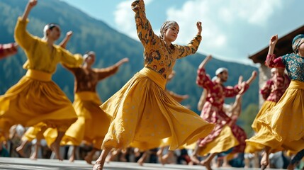 Energetic dancers wearing colorful ethnic attire leaping during spirited mountain performance, celebrating cultural heritage with dynamic movement and infectious enthusiasm