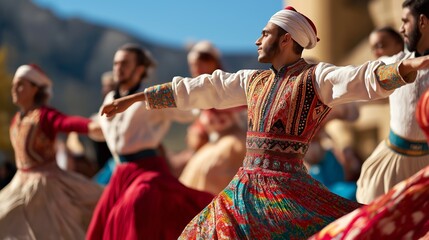 Turkish men in vibrant traditional attire performing whirling dervish ritual outdoors, representing spiritual heritage and cultural dance of Cappadocia, Turkey