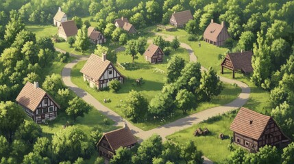 Aerial view of idyllic village nestled in lush green forest
