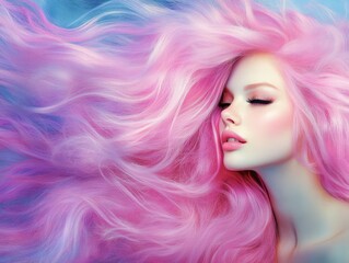 Fototapeta premium Portrait of a model with long pink hair flowing elegantly against a soft blue background, capturing a serene and dreamy atmosphere enhanced by the bright colors and gentle light