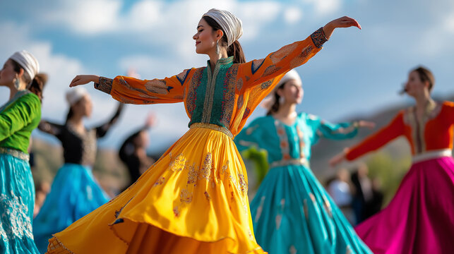 Female dancers wearing vibrant traditional dresses performing synchronized folk dance, gracefully twirling and celebrating turkish cultural heritage