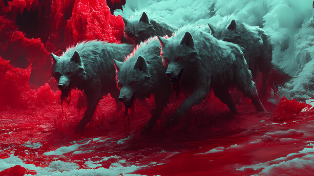 Scritta stop su macchia di sangue rossa e sfondo perlinato turchese e schizzi di petrolio. Crystal-Fanged Beasts. Illustration
