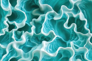 Fototapeta premium Seamless abstract pattern featuring flowing, wavy shapes in shades of teal and white, creating a sense of movement and depth.