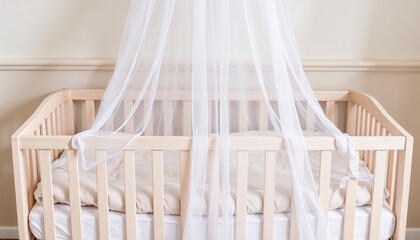 Baby crib with mosquito net, minimalist nursery design with soft neutral tones, airy and peaceful atmosphere