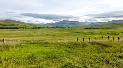 Naklejka premium Vast Green Grassland with Rolling Hills Under a Cloudy Sky