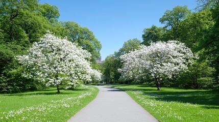 Fototapeta premium Spring park path, blossoming trees, sunny day, castle background, nature scenery