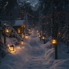 Snowy forest path lit by lanterns leading to cozy cabin