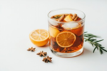 Warm mulled wine in a transparent mug with spices and citrus on a white table background