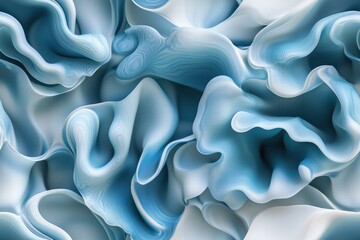 Obraz premium Seamless abstract close-up of flowing, wavy shapes in shades of blue and white, resembling soft fabric or organic forms. The texture appears smooth and fluid, creating a sense of depth and movement.