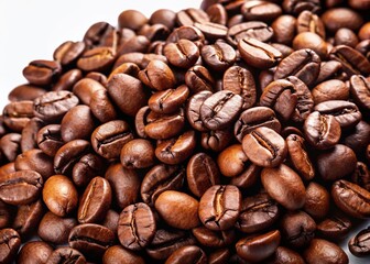 Obraz premium Rich Brown Coffee Beans Scattered on White Background - High-Resolution Stock Photo