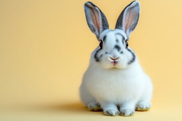 Obraz premium Cute rabbit with black and white markings posing against a bright yellow background