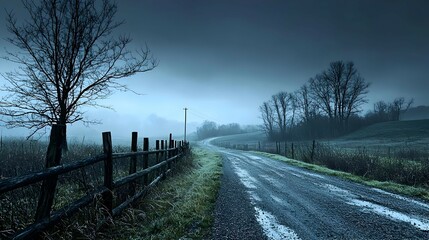 Fototapeta premium Foggy Country Road At Dusk