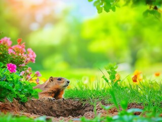 Fototapeta premium Groundhog peeking out from its burrow in a vibrant spring garden, surrounded by colorful flowers and lush green grass, enjoying the warm sunlight