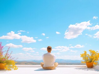 Fototapeta premium Businessman is practicing mindfulness meditation on a white rooftop terrace with potted flowers, enjoying a beautiful spring view of rolling hills and a bright blue sky with fluffy white clouds