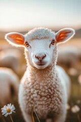 Obraz premium Sheep in flower grass field in Spring.