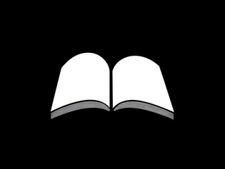 A simple illustration of an open book with blank pages on a black background.