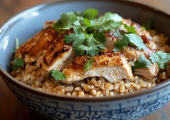 bowl of brown rice, served with chicken and garnished with cilantro