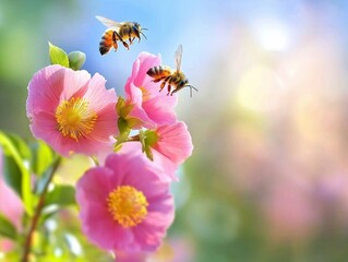 Two honey bees buzzing around, pollinating vibrant pink flowers under the warm spring sunlight, creating a lively scene with a softly blurred background