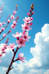 Delicate pink blooms unfurl on a slender tree against a cerulean sky with puffy white clouds, Tree, Spring