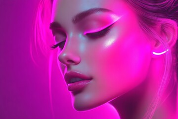 Obraz premium Vibrant close-up of a model showcasing neon makeup under colorful lights with a captivating expression and glowing skin