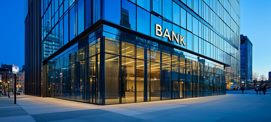 Fototapeta premium Modern bank building with reflective glass facade at twilight