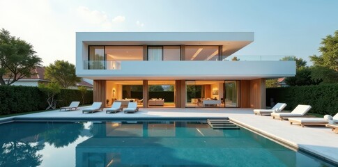 Fototapeta premium Modern villa, minimalist design, sleek lines, pool, steel, contemporary, property