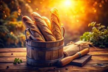 Rustic Double Exposure: Homemade Baguettes in Wooden Bucket & on Chopping Board