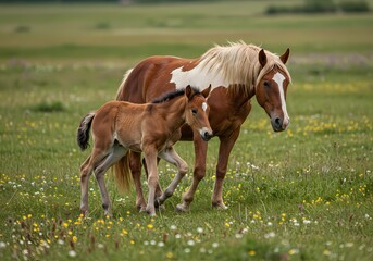 Obraz premium Adorable Baby Horse with Mother in Pasture – Heartwarming Bond Between Mare and Foal in Natural Setting