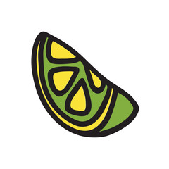 Citrus orange or lemon doodle icon hand drawn with black line in freehand style and colored. Vector illustration isolated on white background