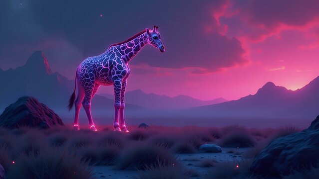 A neon giraffe with galaxy patterns grazes in a field of floating rocks, under a #00FF00 to #FF00FF gradient sky.