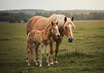 Fototapeta premium Adorable Baby Horse with Mother in Pasture – Heartwarming Bond Between Mare and Foal in Natural Setting