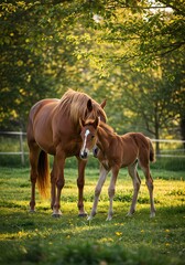 Fototapeta premium Adorable Baby Horse with Mother in Pasture – Heartwarming Bond Between Mare and Foal in Natural Setting