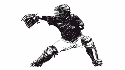 Baseball catcher signaling, energetic pose, black and white silhouette, isolated on white background. Owl-Like Watchers. Illustration