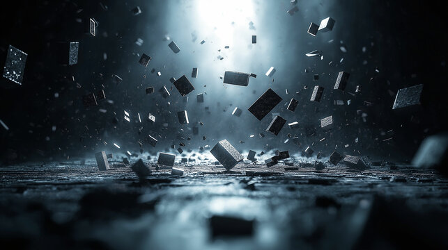 Floating blocks in a dark, foggy environment illuminated by dramatic light. Generative AI